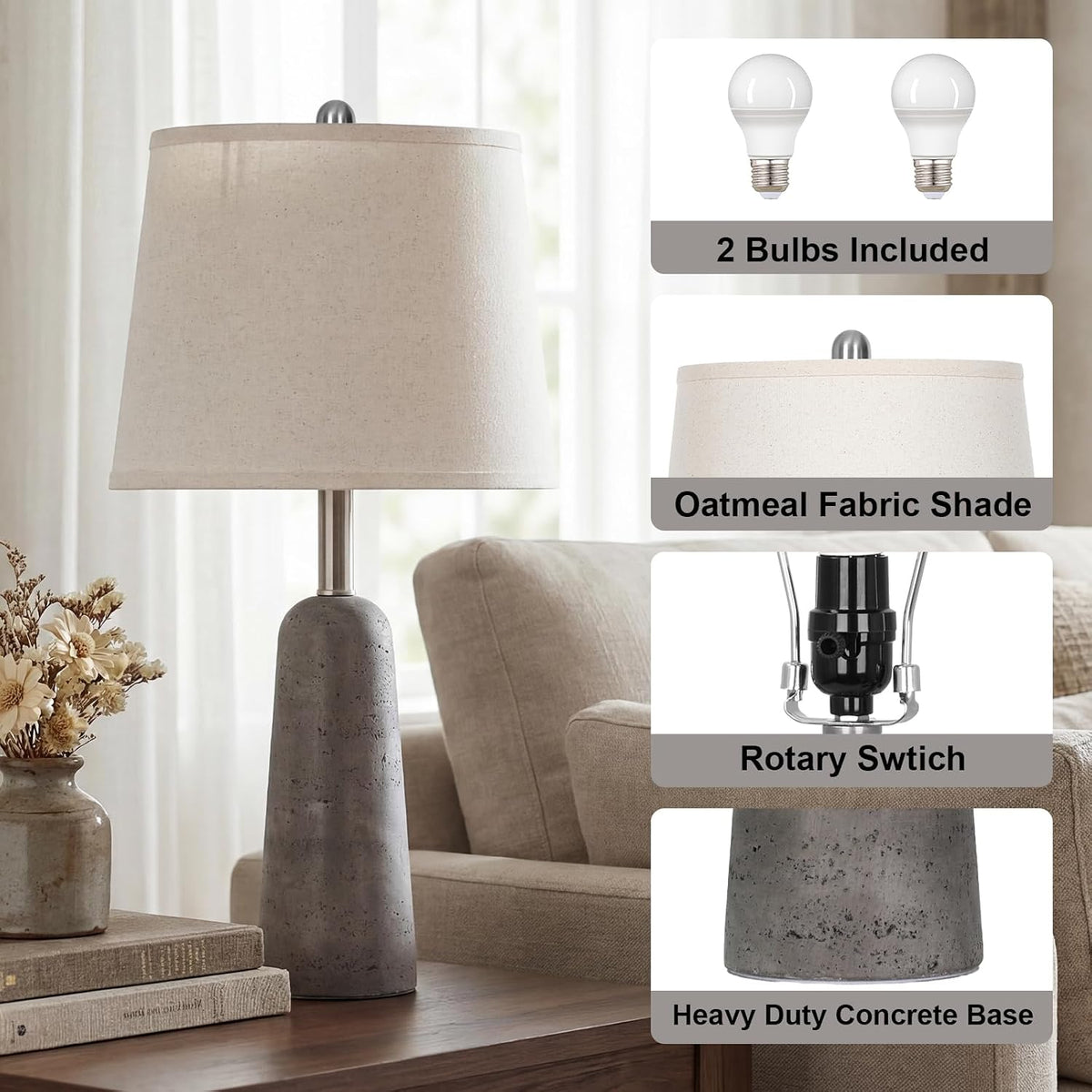 Rinweey 24" Modern Concrete Table Lamps Set of 2, Faux Stone Bedside Lamps for Bedroom, Travertine Inspired Nightstand Lamps for Living Room End Table, Gray (2 LED Bulbs Included)