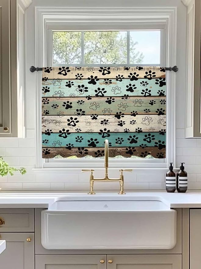 Sheer Curtains 45 Inch Length, Sage Green Brown Paw Prints Semi Sheer Curtains