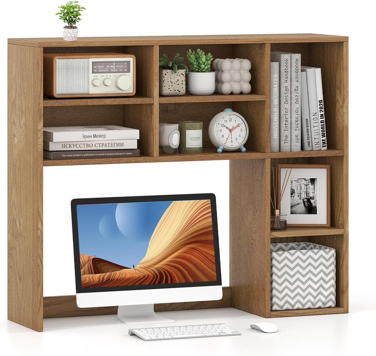 MAT EXPERT Wooden Desktop Bookshelf, Countertop Desk Hutch w/ 7 Cubes & Adjustable Shelves, Anti-toppling Kits, Table Top Organizer Shelf Fits Monitors up to 27” for Dorm, Office, Study (Natural)