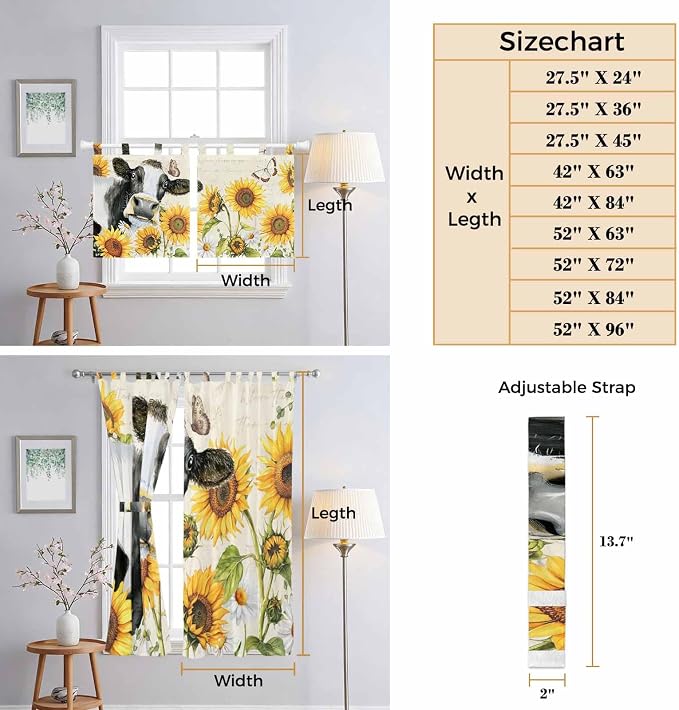 Yellow Sunflowers Kitchen Curtains 24 Inch Length, Small Window Curtains Tab Top