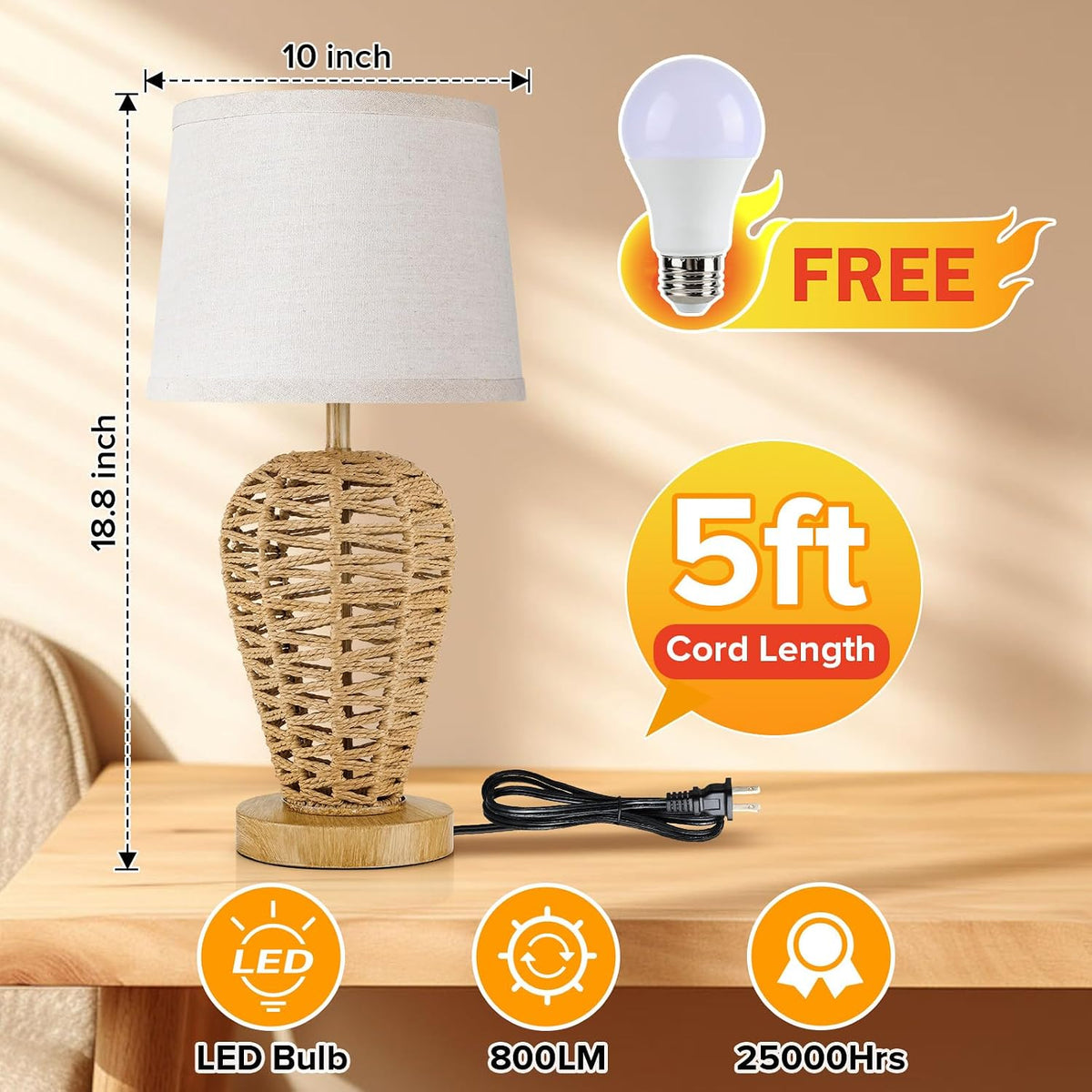 19" Boho Table Lamp with 100% Hand Woven Rattan Body & Wood Grain Finish
