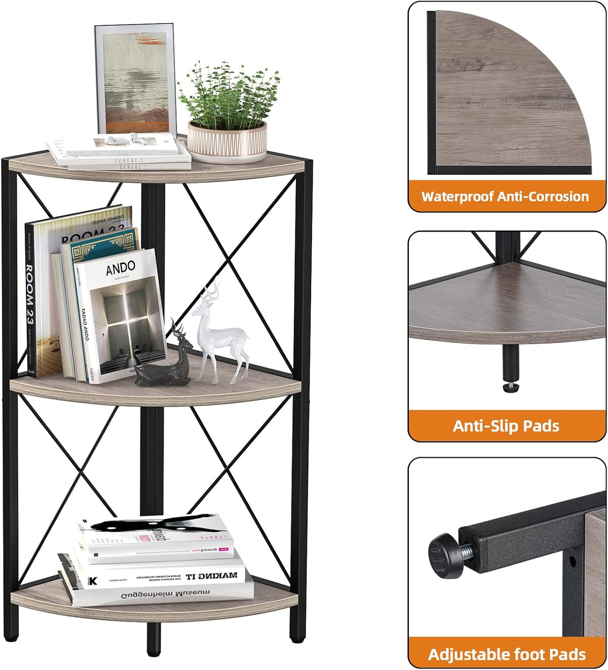Snughome Corner Shelf for Desktop, 3-Tier Corner Storage Organizer with Metal Frame, Freestanding Corner Shelf Stand Display Rack for Kitchen Counter, Living Room, Grey