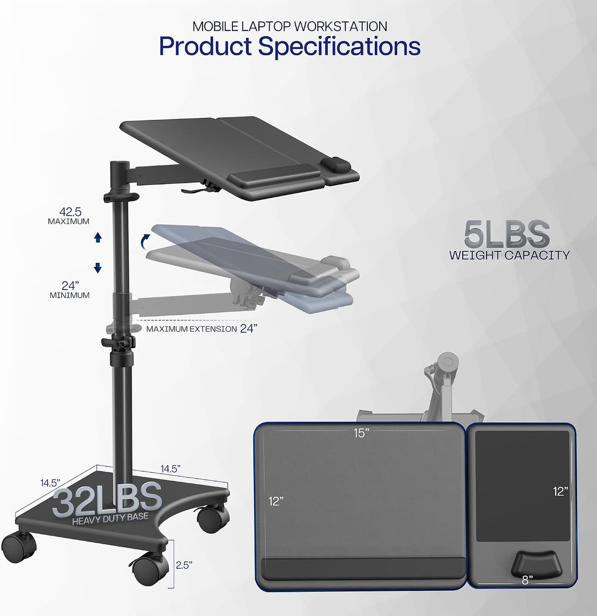 VIVO Black 15 x 12 inch Laptop Cart with Extension Arm, CART-H10L