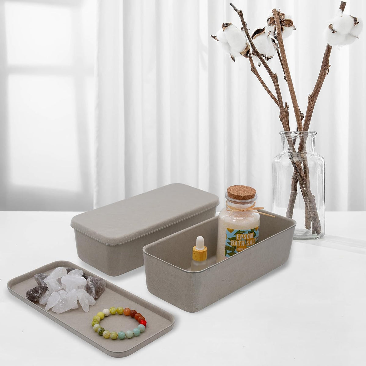 Welaxy Minimalist 2pc Lidded Desk Organizer Stone Long Stackable Trays