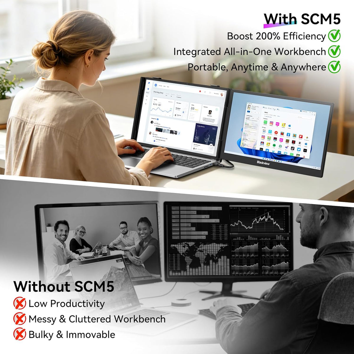 Blackview Laptop Screen Extender, 14" 1080P FHD IPS Portable Monitor, Ultra-Slim Travel Dual Monitor Fit for 13"-17.3" Laptops, USB-C Plug &Play Extended Screen for Windows/Mac/Android/Switch