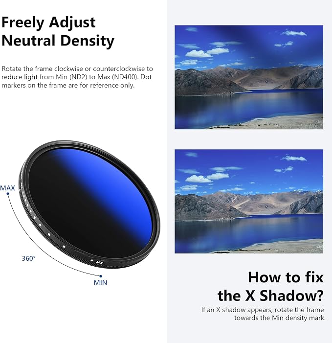NEEWER 72mm Variable ND Filter ND2-ND400, Neutral Density Filter, Water and