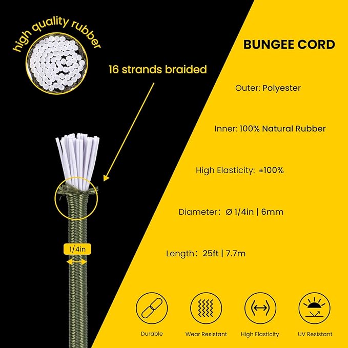 Bungee Cord Elastic Shock Cord 1/4" x 25' Bungee Rope for DIY, Tie Downs, Kayak and Outdoor - Army Green