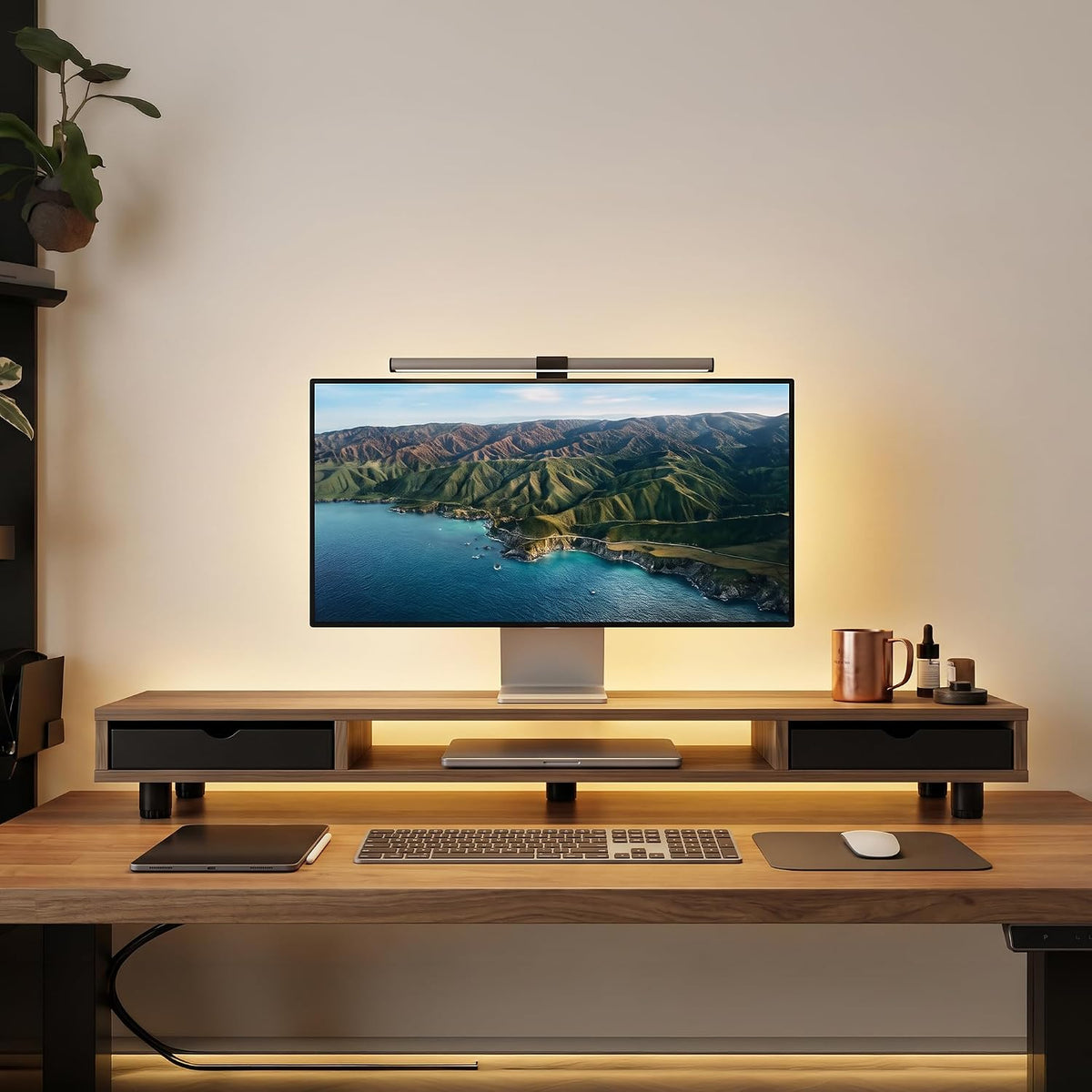 Fenge Dual Monitor Riser with 2 Drawers, 42.5in Long Desk Shelf, Brown