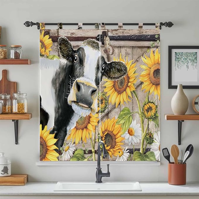Retro Farmhouse Flower Bathroom Curtains 63 Inch Length, Window Curtains Tab Top