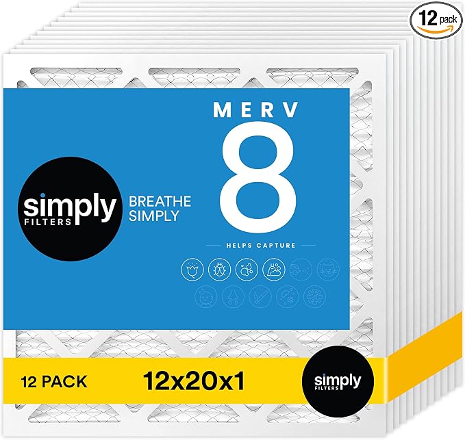 Simply 12x20x1 Air Filter, Merv 8, MPR 600, 12 Pack, Furnace Air Filter