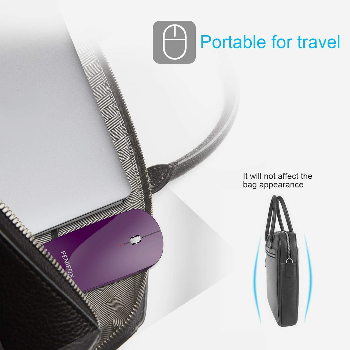 FENIFOX Bluetooth Mouse Slim, Whisper-Quiet Mini Flat Portable Mobile Mice Rechargeable Compatible with Laptop,PC,Android Windows Tablet - Deep Purple