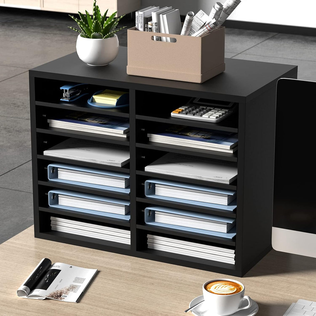 VEVOR Literature Organizers, 12 Compartments Office Mailbox with Adjustable Shelves，Wood Literature sorter 20.4x12x16.1 inches for Office, Home, Classroom, Mailrooms Organization, EPA Certified Black