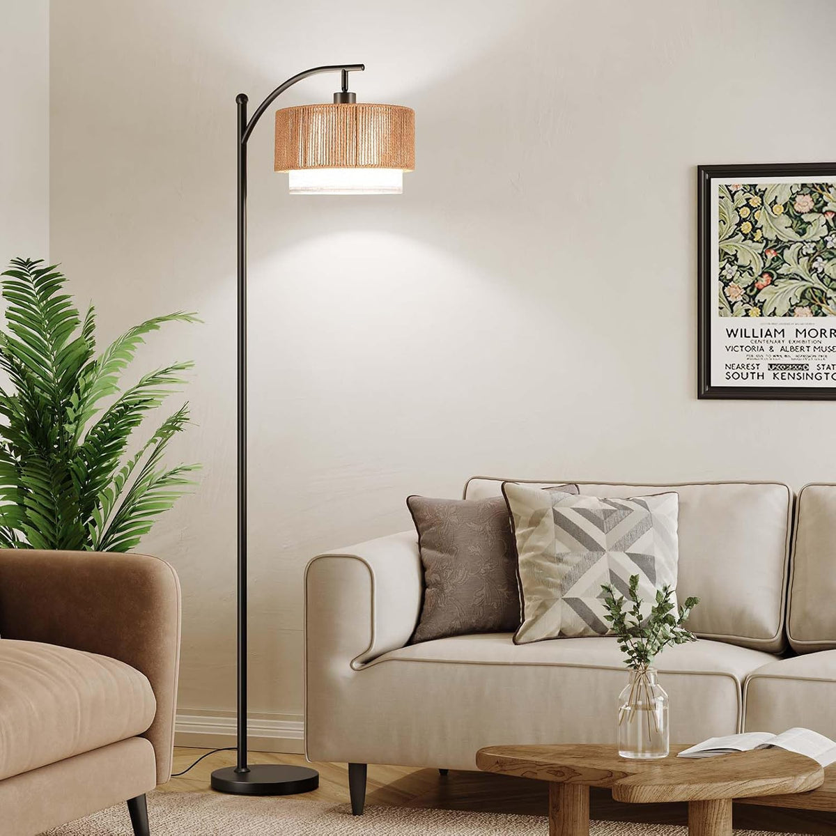 SUNMORY Arc Floor Lamps for Living Room, Rattan Standing lamp with 12W Bulb