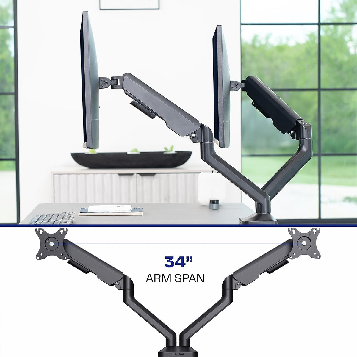 VIVO Dual Pneumatic Arm Ultra-Wide Monitor Mount for up to 35 inch Screens, Holds 26.4 lbs per Arm, Desk Mount Monitor Stand for 2 Ultrawides, Black, STAND-V200O