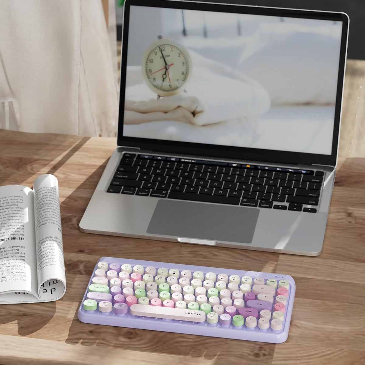 UBOTIE Portable Bluetooth Colorful Computer Keyboards, Wireless Mini Compact Retro Typewriter Flexible 84Keys Design Keyboard (Purple-Colorful)