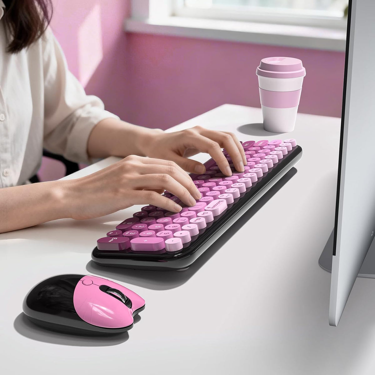 Dilter Wireless Keyboard and Mouse Combo, Portable Retro Keyboard with Compact Size, 2 in 1 USB Connected Mouse for Windows 7/8/10, Laptop, Desktop, PC, Computer (Black Pink)