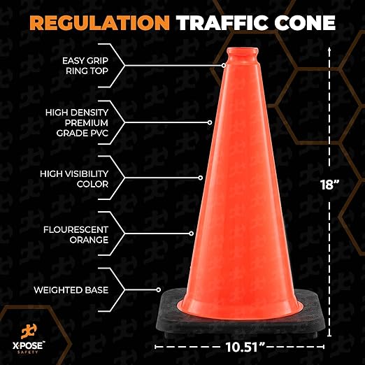 Xpose Safety 18 Inch Orange Traffic Cones, 24-Pack - Multipurpose PVC Plastic Safety Cone for Parking, Soccer, Caution, Kids and Construction - DOT Approved