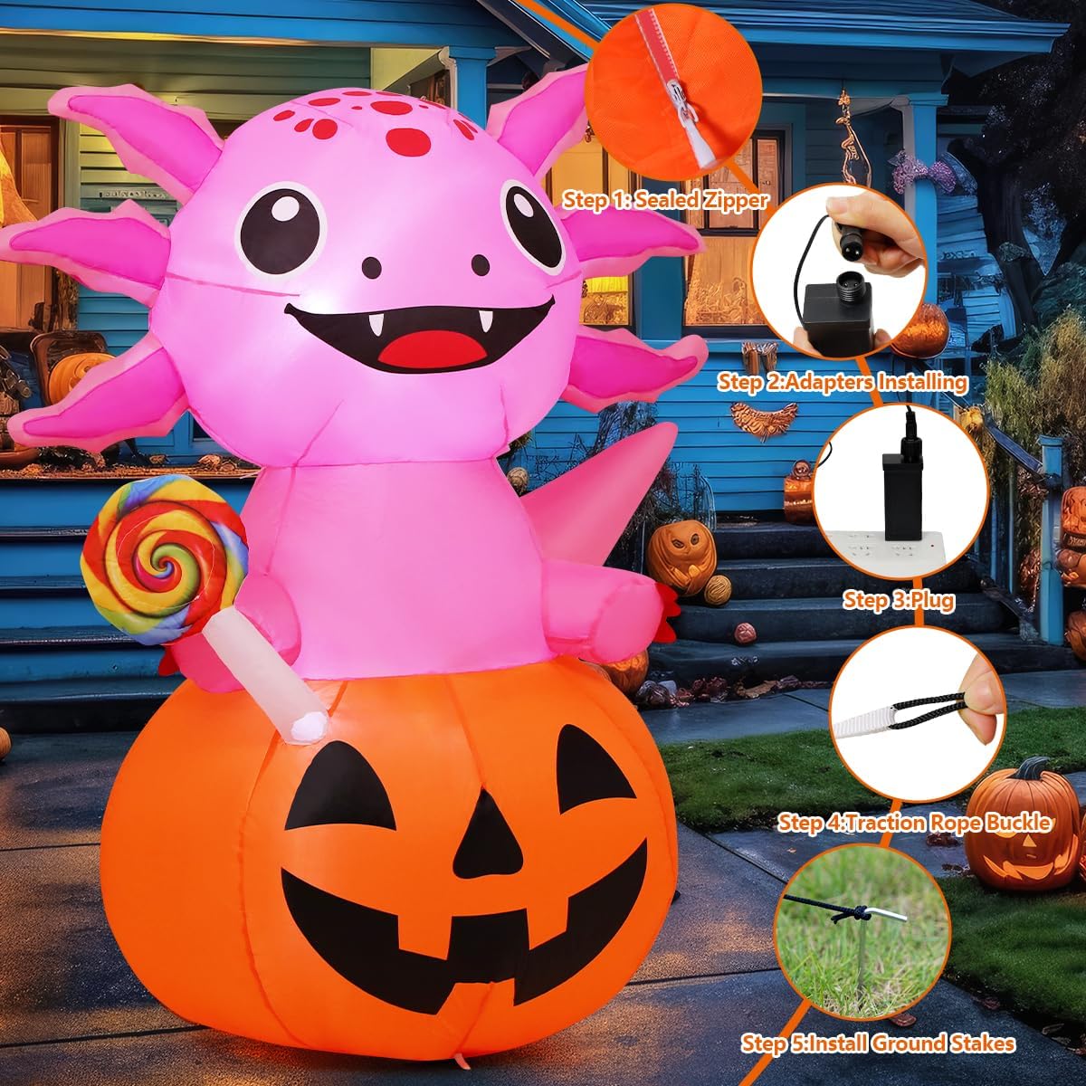 COMIN 5 FT Halloween Inflatables Axolotl Pumpkin Outdoor Decorations Blow Up Yard with Built-in LEDs for Indoor Party Garden Lawn Decor