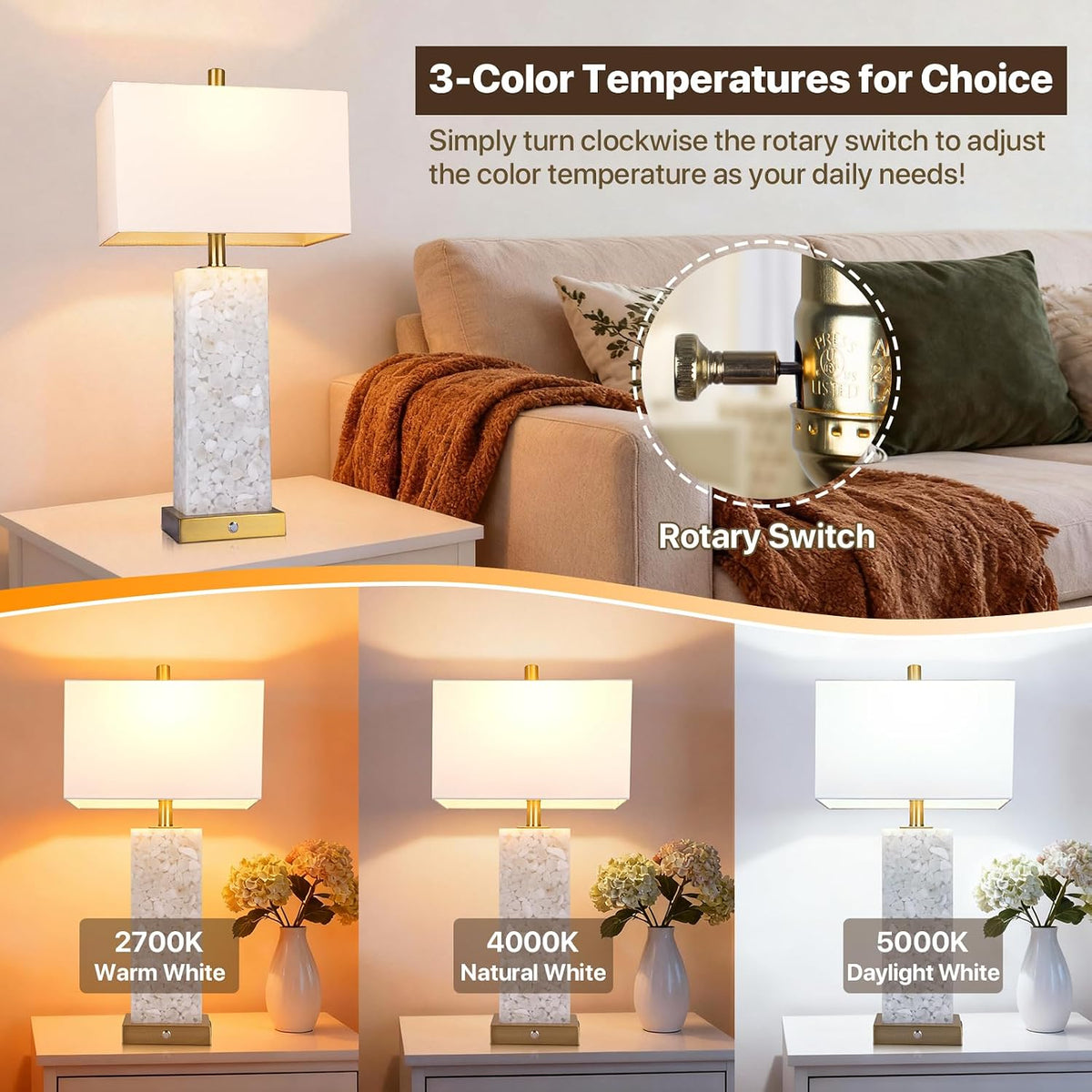 vallerico 25.6" Alabaster Lamps, Marble Lamp Nightstand Lamps Set of 2