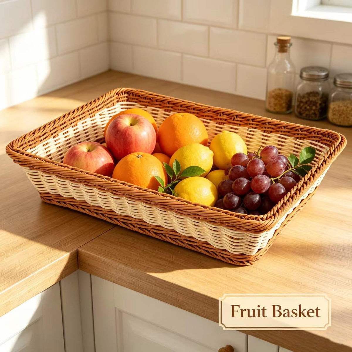 RT&BS 2pcs Wicker Bread Basket for Serving, Wicker Fruit Basket, Display Baskets for Vegetable Fruit, Reusable Handwoven Serving Baskets for Kitchen, Store, Restaurant, Outdoor (Bicolor, M)