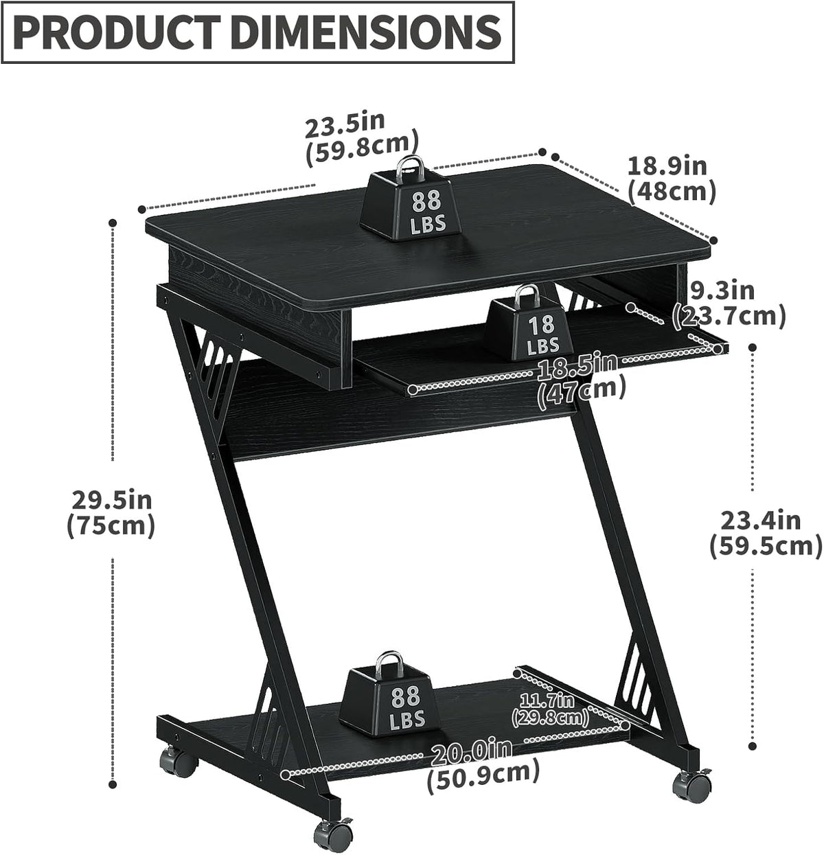 Zenira 24-Inch Small Computer Desk, Z Shape Laptop Desk Cart on Wheels