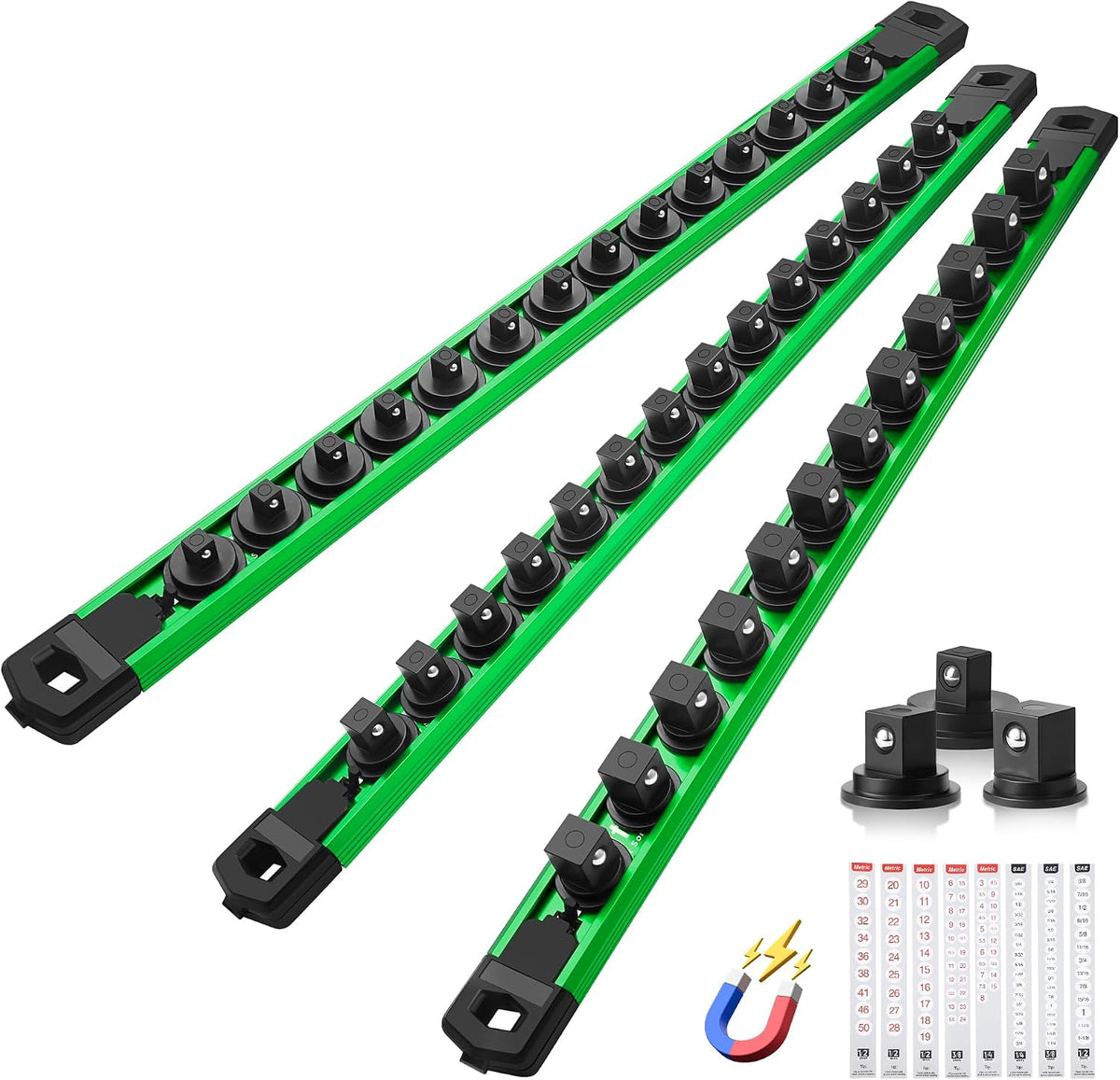 Reniteco Magnetic Socket Organizer Set, 3-Piece 1/4” 3/8” 1/2” Socket Rails