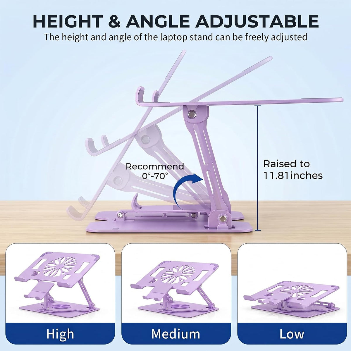 Adjustable 360°Rotating Laptop Stand, 2-in-1 Ergonomic Carbon Steel Laptop Riser with Detachable Phone Holder, Hollow Cooling Notebook Stand Fits 12.9-18 Inch Laptops (Purple)