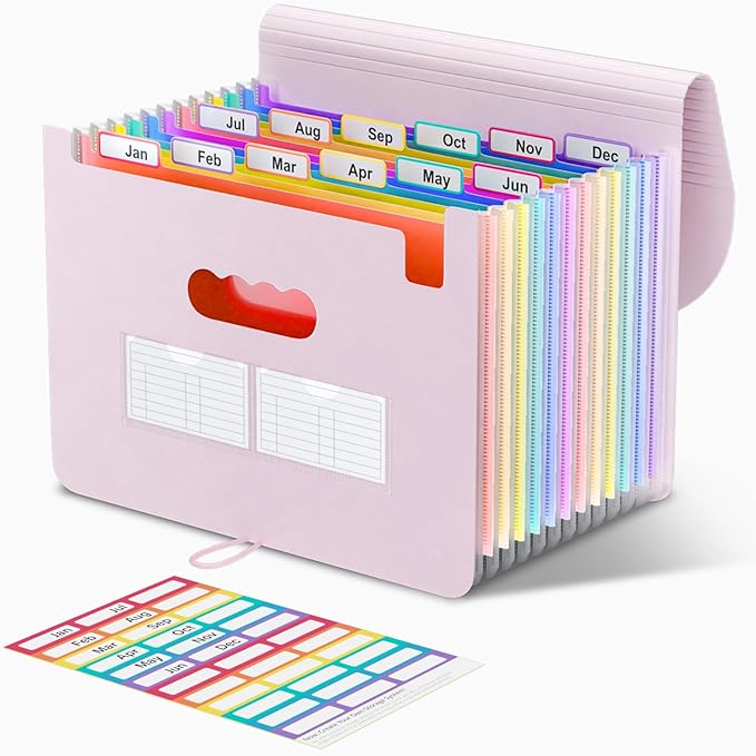 ThinkTex Accordion File Organizer, 12 - Pocket Expanding File Folders for Paper Receipts, Bills&Taxes Organizer, Letter/A4 Size Document Holder for School, Office, Home with tabs-Pinkish Purple
