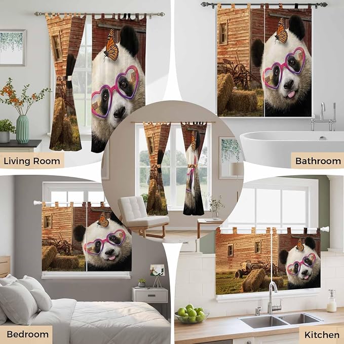 Farm Panda Bedroom Curtains 63 Inch Length, Window Curtains Tab Top, Farmhouse