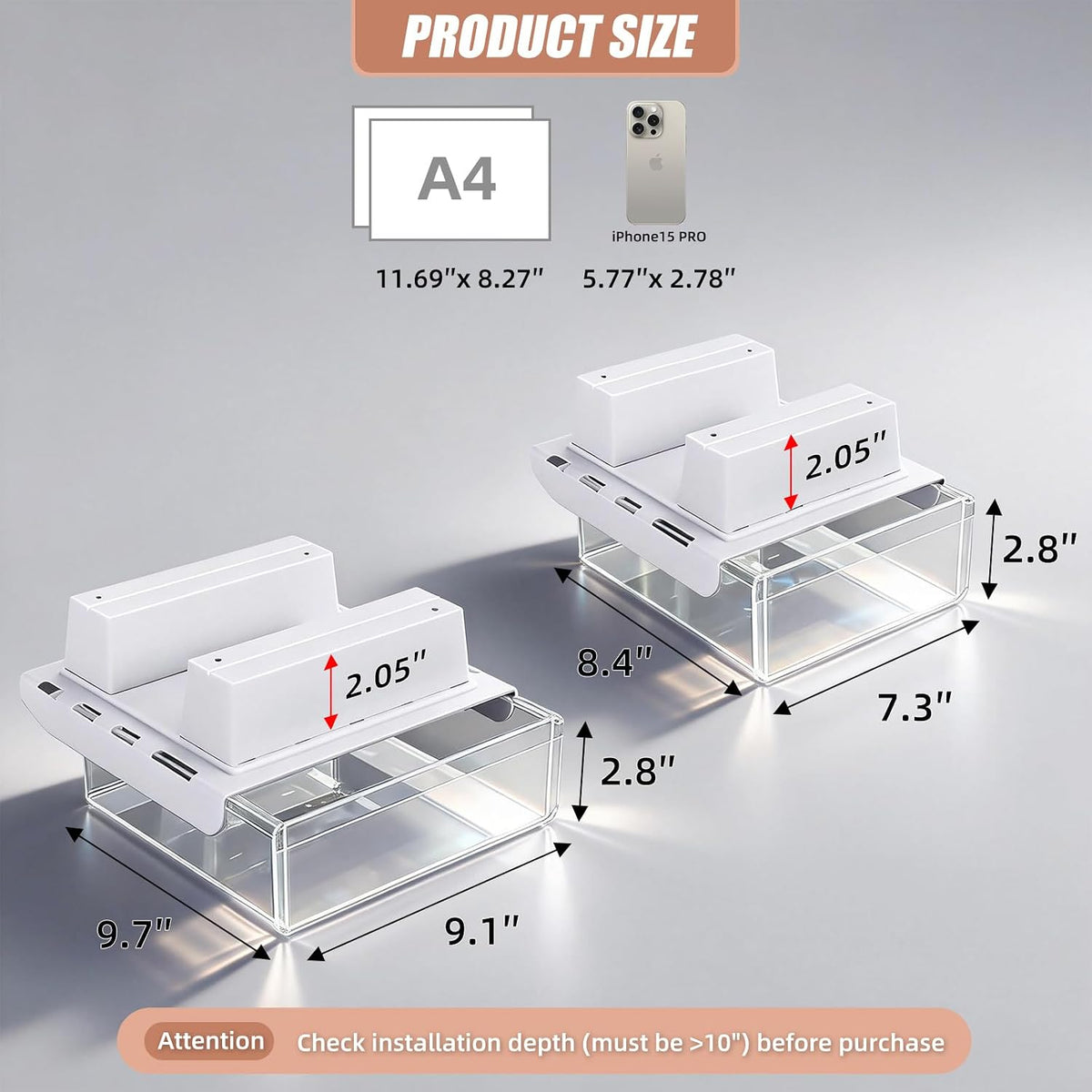 TooCust 2-Pack Under Desk Drawer for Desk with Frame & Beam, Fits Where Standard Drawers Can't, 52mm Heightened Slide Out Organizer, Dual Adhesive or Screw Mount, Clear PET Under Table Storage