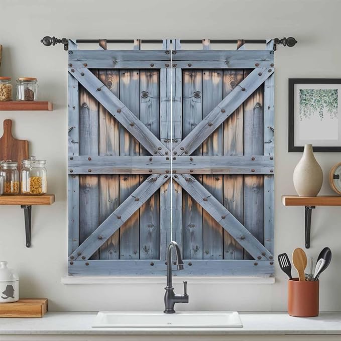 Farmhouse Wood Grain Living Room Curtains 84 Inch Length, Window Curtains Tab