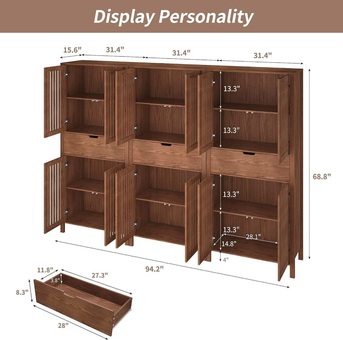 BVIUNTWO Set of 3 Rustic Brown 69" Tall Farmhouse Storage Cabinet with Drawer & Adjustable Shelves, Grille Door Organizer Unit, Anti-Tip Design for Bathroom,Kitchen,Living Room