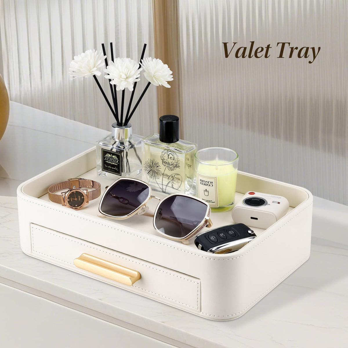GORESE PU Leather Valet Tray with Drawer, Nightstand Organizer Catch All Tray for Jewelry Perfume Purse Trinket Key Holder, EDC Trays for Desk Vanity Entryway Table, Gift for Women Men, Cream White