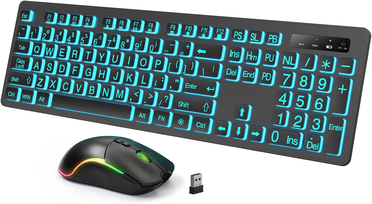 Light Up Keyboard and Mouse Wireless, Adjustable Brightness & Color, Rechargeable, Light Up Letters，2.4G USB Full Size Backlit Keyboard Mouse for Windows, PC, Laptop, Desktop, Gaming (Large Print)