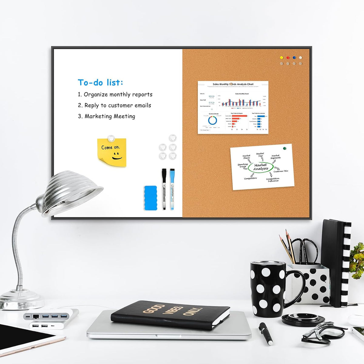 Magnetic Dry Erase White Board & Cork Board Combo, 24"x18", Wall Mounted