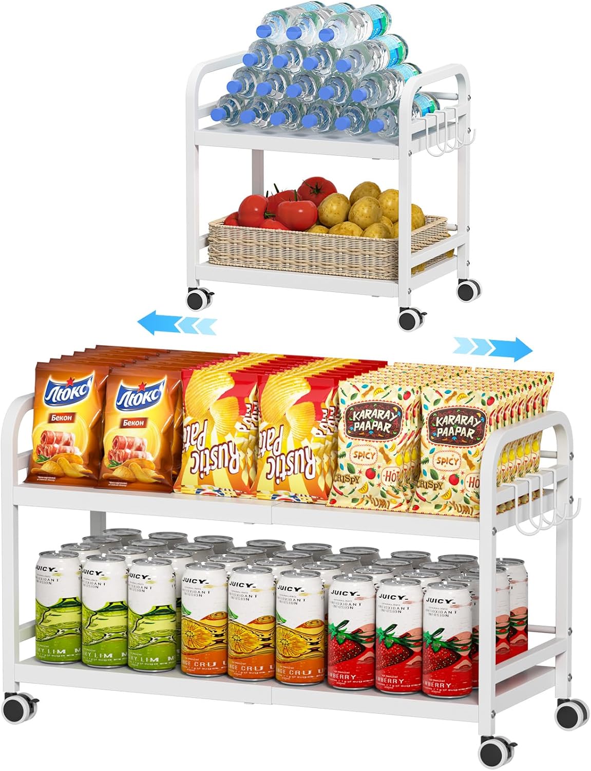2-Tier Expandable Rolling Cart, Pantry Storage Cart with Wheels, Adjustable Rolling Pantry Floor Organizer