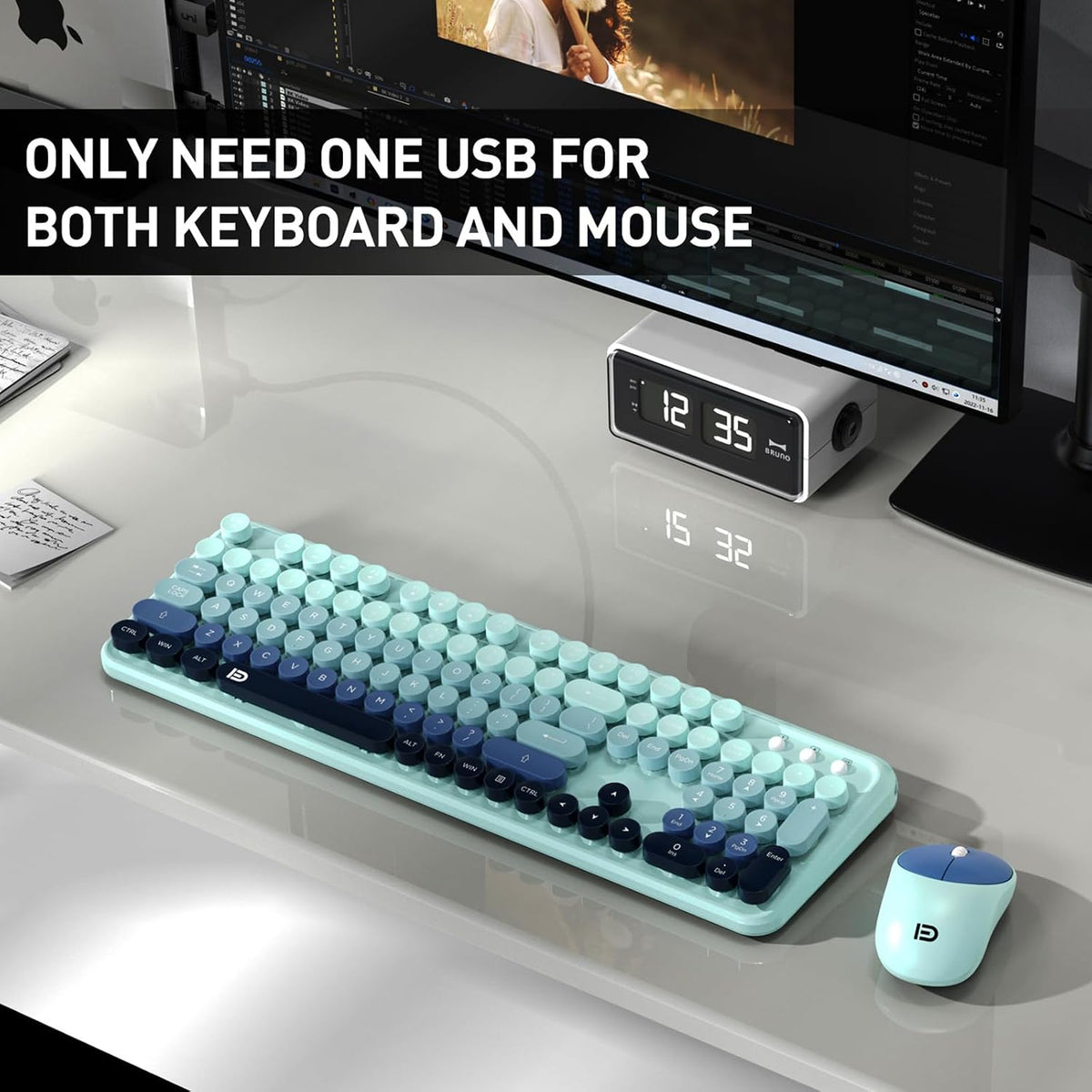 Teal Wireless Keyboard and Mouse Combo,Retro Bubble Round Key,for PC Laptop