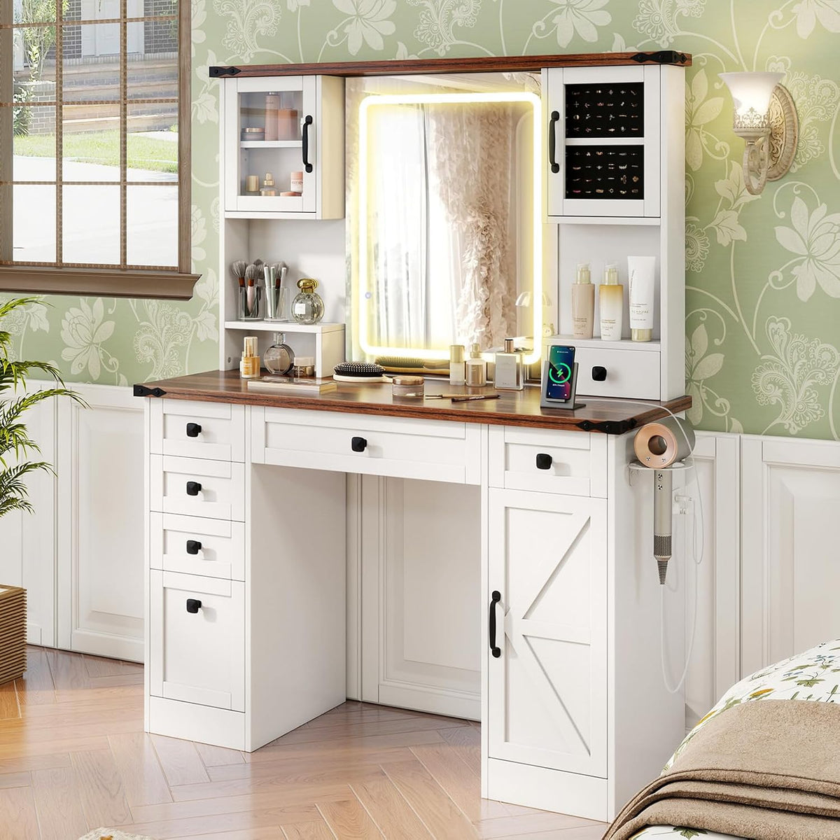CHARMAID Farmhouse Vanity Desk with Lighted Mirror & 7 Drawers, 45 inch Makeup Vanity Table with Charging Station, Jewelry Organizer, Storage Cabinets & Shelves, White Dressing Table for Bedroom