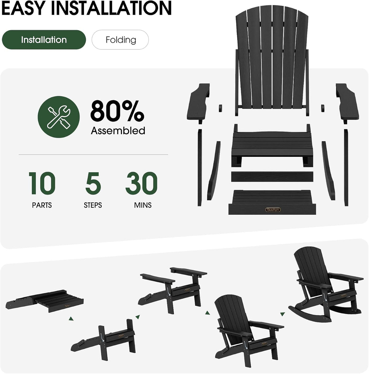 4-in-1 Rocking Adirondack Chair with Footrest, HDPE, Black