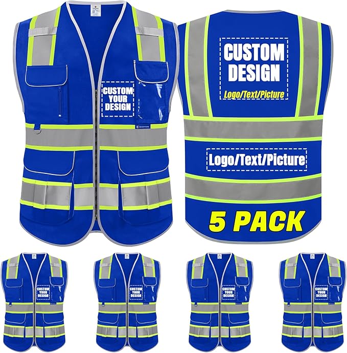 BeautyWill 5Pack Custom Logo Safety Vest 8 Pockets Class2 ANSI Certified High Visibility Reflective Vest for Men - Personalized Logo Heavy-Duty Work Vest（Blue，S）