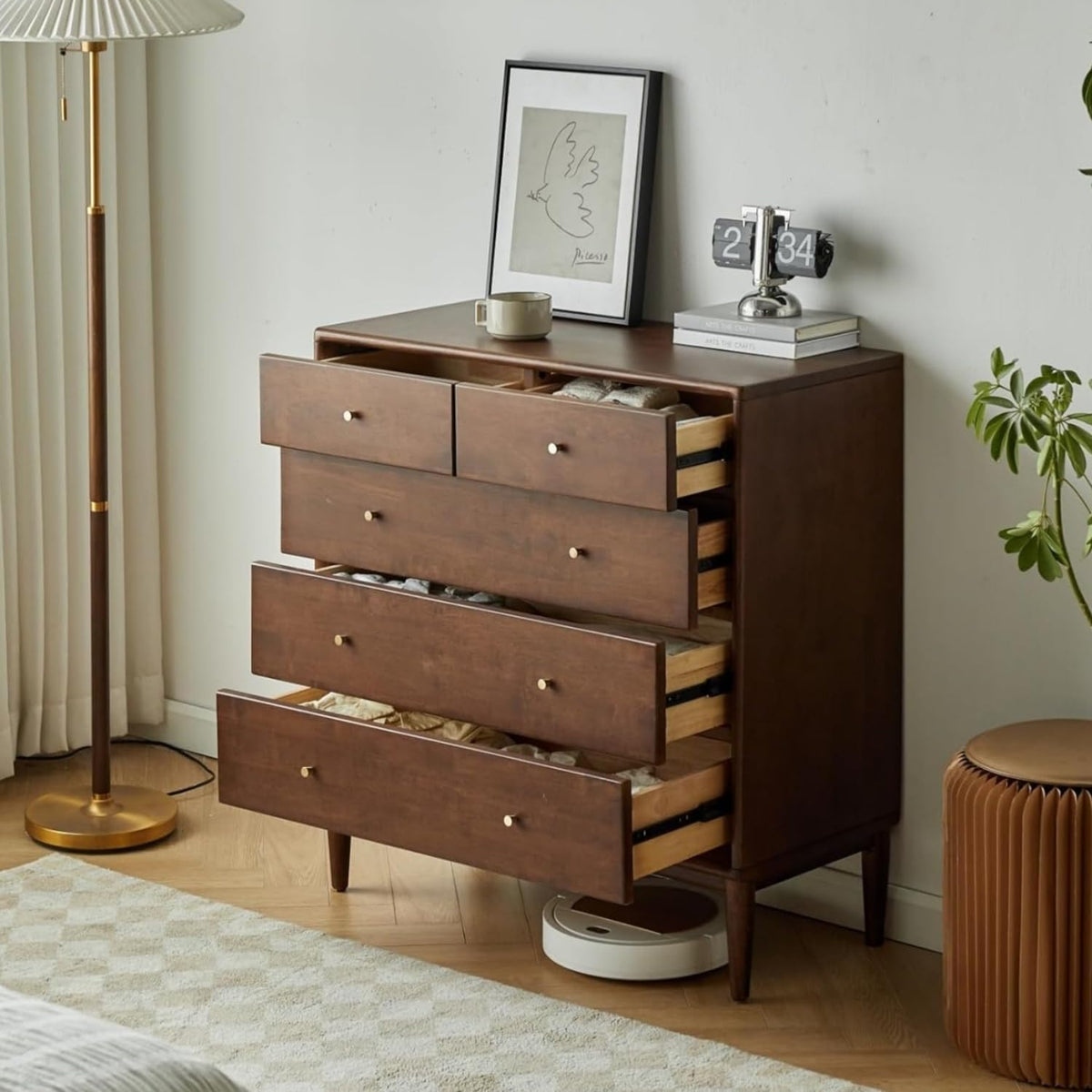Solid Wood Nightstand, 5 Drawer Side Table for Bedroom, Wooden Storage Organizer, Modern Chest of Drawers for Living Room, Hallway, Closet, Walnut (33" W x 15.8" D x 35.4" H)