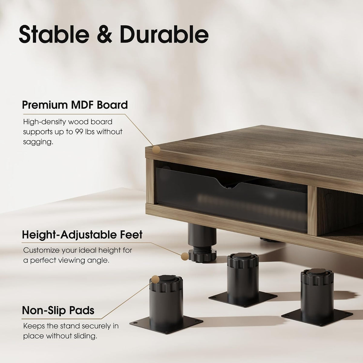 Fenge Dual Monitor Riser with 2 Drawers, 42.5in Long Desk Shelf, Brown