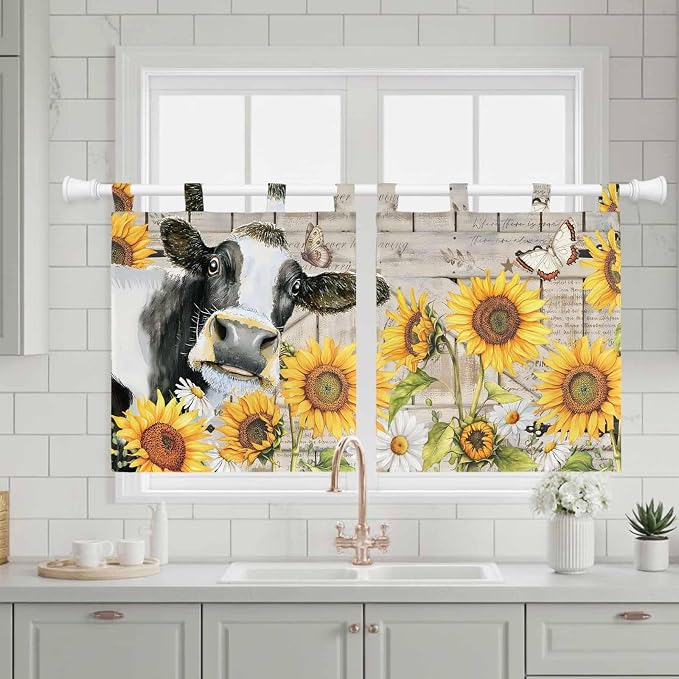 Yellow Sunflowers Kitchen Curtains 24 Inch Length, Small Window Curtains Tab Top