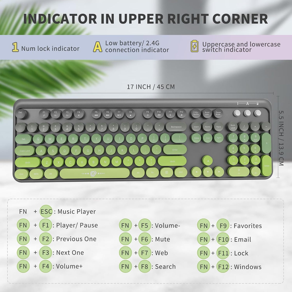 FOPETT Wireless Keyboard and Mouse Combo, 104 Keys Full-Sized 2.4 GHz Round Keycap Colorful Keyboards, USB Receiver Plug and Play, for Windows, Mac, PC, Laptop, Desktop (GreyGreen)
