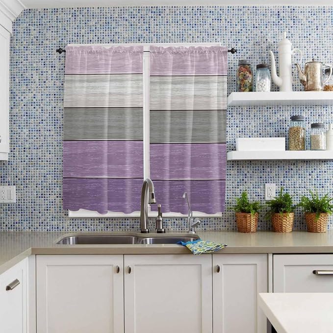 Country Wood Board Gray Purple Window Valance Curtains, Farmhouse Gradient