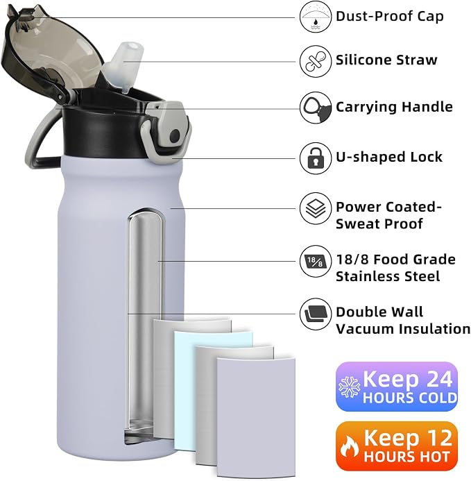 BJPKPK 18 oz Water Bottle with Straw & Handle, Insulated Stainless Flask | Leak
