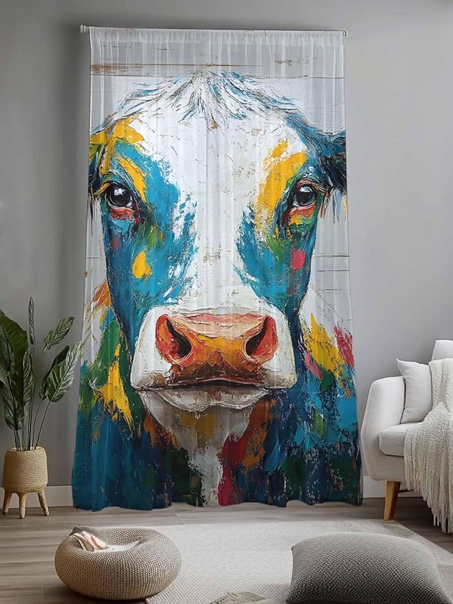 Sheer Curtains 84 Inches Long, Rustic Cow Semi Sheer Curtains Light Filtering