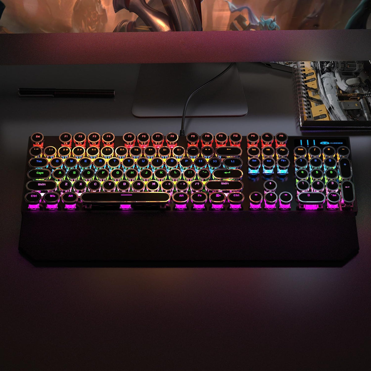Camiysn Typewriter Style Mechanical Gaming Keyboard, Black Retro Punk Gaming Keyboard with RGB Backlit, 104 Keys Blue Switch Wired Cute Keyboards, Round Keycaps for Windows/Mac/PC