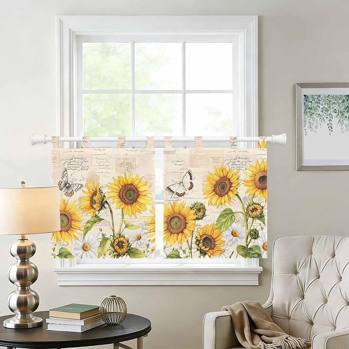 Yellow Sunflowers Kitchen Curtains 24 Inch Length, Small Window Curtains Tab Top