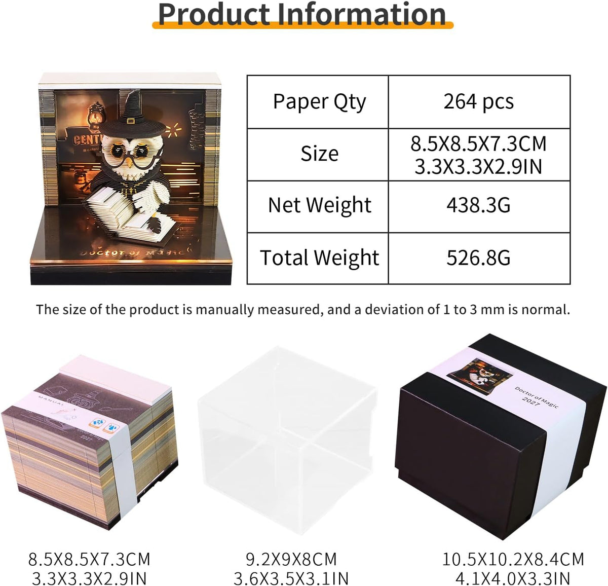 3D Timepiece Calendar 2027 with LED Light, 3D Memo Pad Paper Carving Art, Tear Away Desk Calendar for Daily Planner, Notepad & Bookmark, Creative Paper Sculpture for Office Decor & Gift (Wise Owl)